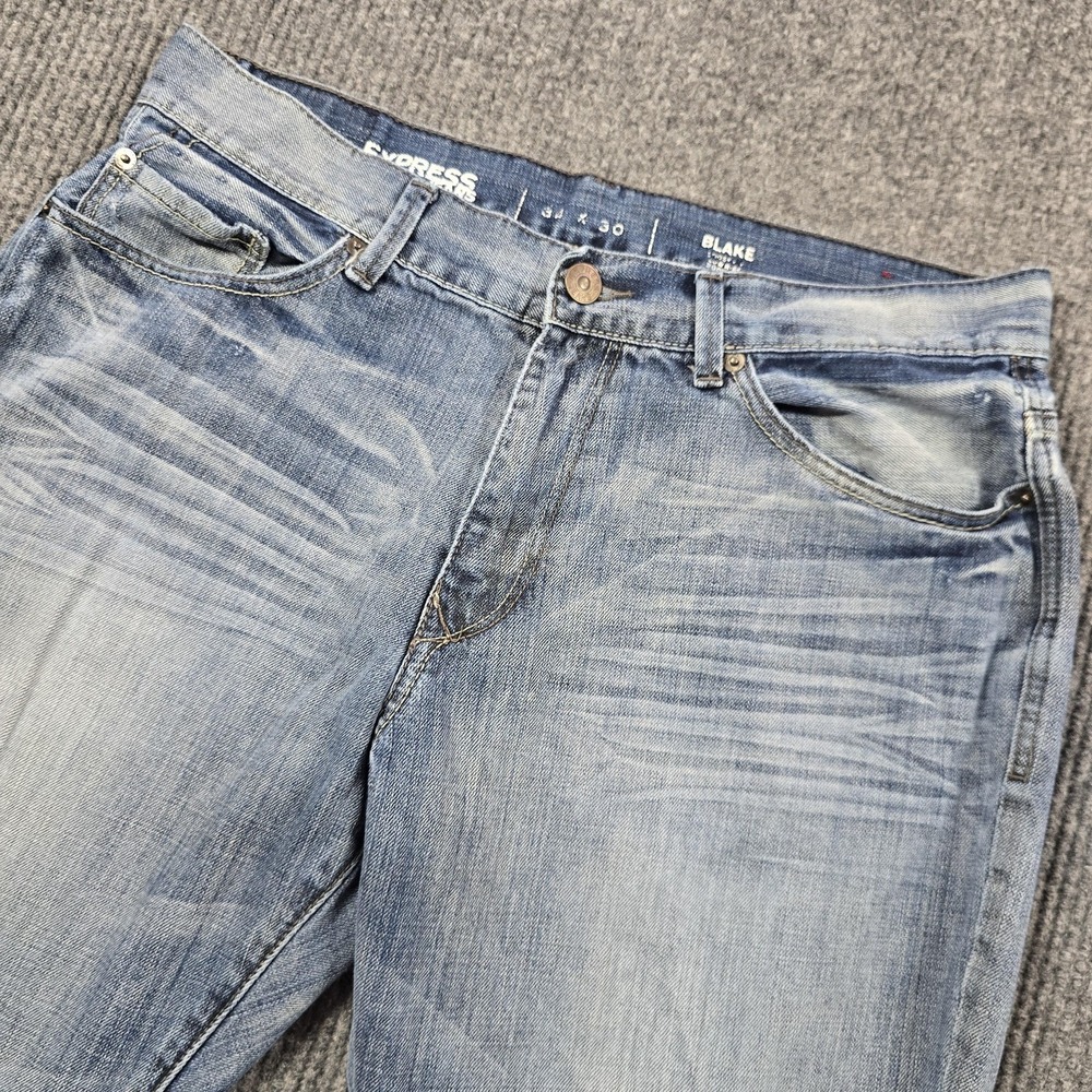 Express Jeans Mens 34x30 Blue Relaxed‎ Bootcut Denim Blake Distressed Light Wash